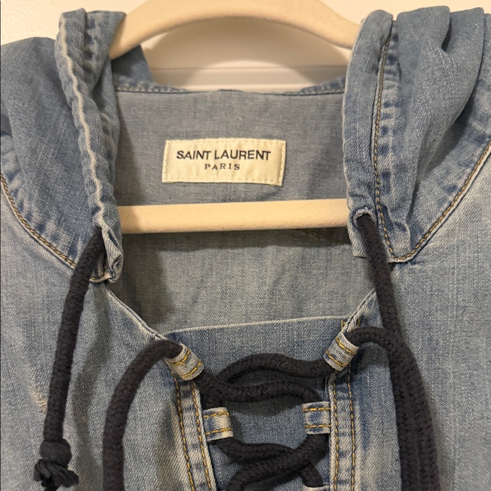 Saint Laurent Washed Denim Lace-Up Hoodie, Size XL, EUC - Picture 2 of 4